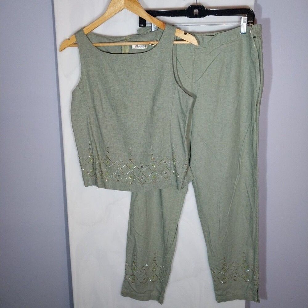 Vintage Womens Pant Set L Sage Green Linen Rayon Beaded Sequin Y2K Resortwear